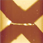 AFM image of a nanowire grown electrochemically between two triangular electrodes.