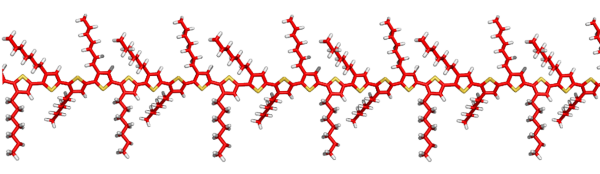 Conjugated polymer designed for photovoltaic device applications. Structure of a conjugated polymer (based on polythiophene) designed for photovoltaic device applications.