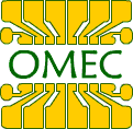 OMEC logo, a crown of gold electrical contacts radiating from the acronym OMEC in dark green.